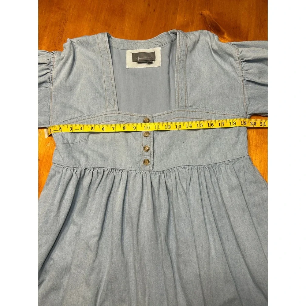 Anthropologie Cottagecore Babydoll‎ Light Wash Denim Mini Dress Puff Sleeve Boho - Picture 5 of 12